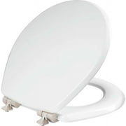 Mayfair Benton® Round Enameled Wood Toilet Seat in White Never Loosens and Soft Close Crushed Nickel Hinge